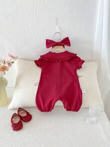 Bộ đồ liền thân ren đỏ rượu vang phong cách ngọt ngào cổ điển cho bé - Màu Đỏ Sâu - Xem 3