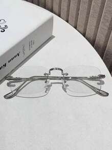 1pc Men's Classic Retro Patterned Rimless Metal Oval Frame Plain Glasses (Comes With Glasses Strap, Glasses Suitable For Reading, Decoration, Street Photography)
