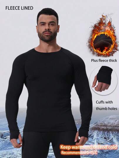 Thermal Lined Thumb Hole Outdoor Sports Long Sleeve Shirt, Lightweight Soft Fitted Thermal Underwear Base Layer For Outdoor Activities, Running, Skiing, Hunting, Warm Turtleneck Thermal Lined Long Sleeve Top For Cold Weather,Fleece,Winter