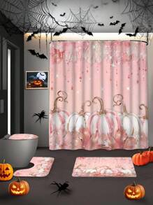 Elegant Autumn Bathroom Set - 4pcs, Includes Maple Leaf & Pumpkin Design Waterproof Polyester Shower Curtain, 12pcs Hooks, Anti-Slip Bath Mat, U-Shaped Toilet Lid Cover - Perfect For Autumn Bathroom Decor