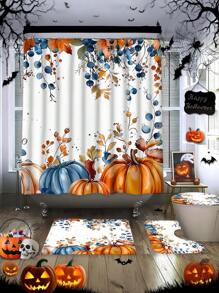 4pcs/1pc Autumn Harvest Pumpkin & Foliage Print Bathroom Curtain Set, Waterproof Shower Curtain With Hooks, Bathroom Non-Slip Mat, U-Shaped Toilet Mat, Toilet Seat Cover, Holiday Home Bathroom Decor Curtain Set