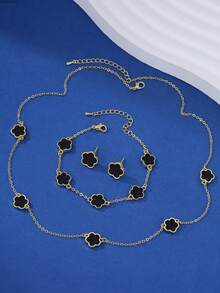 4pcs/Set Luxury Elegant 5-Petal Flower Micro-Inlaid Zirconia Copper Necklace, Bracelet, Earrings For Women, Daily, Date, Engagement, Wedding, Valentine's Day Gift - Black - View 3