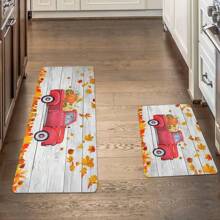 1/2 piezas Alfombra de piso de otoño y Acción de Gracias, hojas de arce amarillas clásicas y alfombras de suelo de cocina con estampado de camión rojo rellenas con calabaza, perfectas para uso en interiores/exteriores, familia, cocina, comedor, decoración de atmósfera de Accións