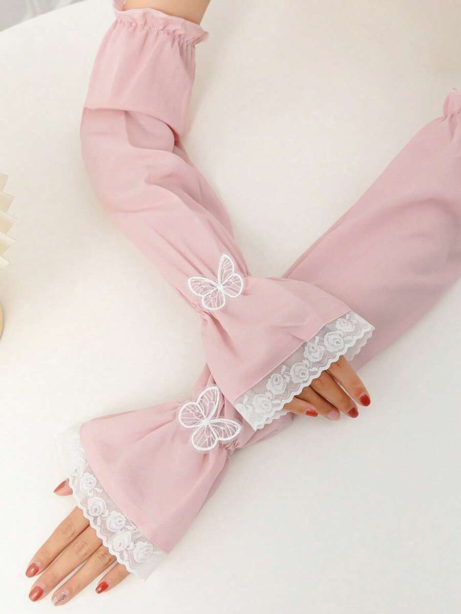 1 双女士宽松加大码蕾丝纯色防晒袖套，时尚蝴蝶设计，适合夏季户外
