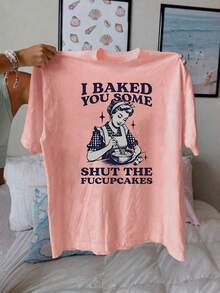 Women's Vintage Graphic Print T-Shirt, Versatile For Spring/Summer, Printed Tee, Vacation, Music Festival Casual Pink - Pink - View 3