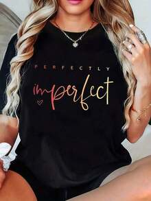 Plus Size 1pc Soft Cotton T Shirt Pc Women Soft Cotton Perfectly Imperfect Floral Print T Shirt Casual Round Neck Short Sleeve Tee Perfect Casual Attire Travel Fitness Travel Friendly Top Playful Design Glossy Fabric Size L-3XL 4XL 5XL Comfortable Cotton T - 黑色 - 查看 1