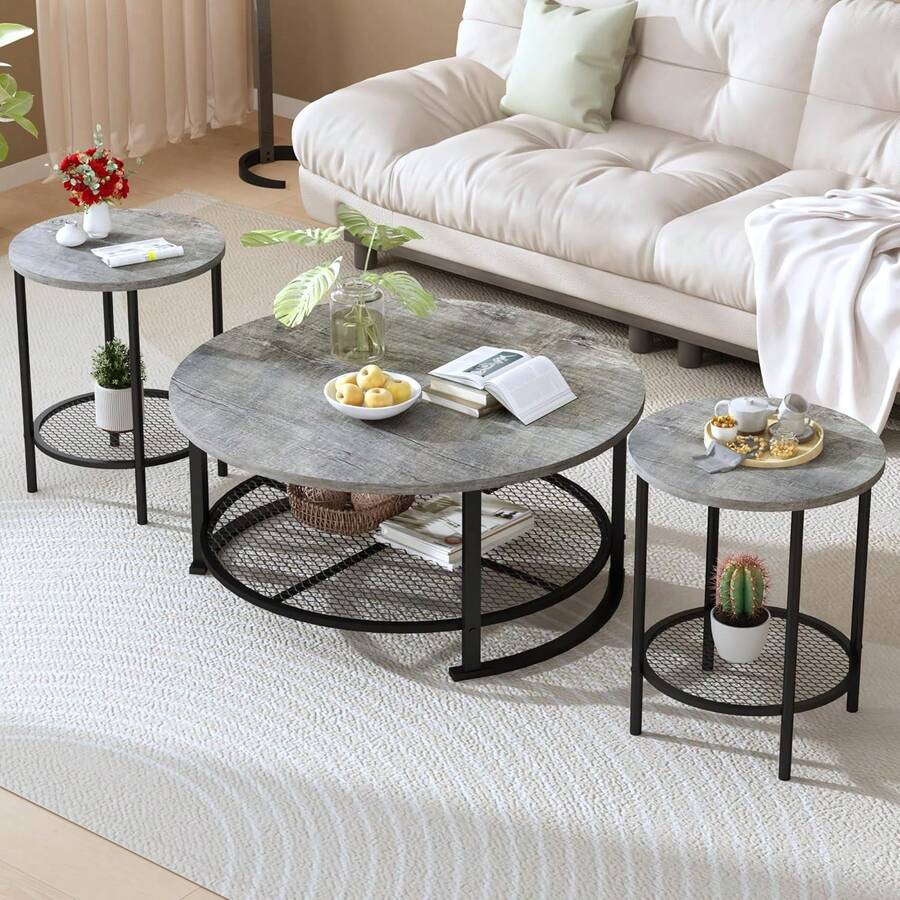 3 Pieces Round Coffee Table Sets, 31.6 In Industrial Living Room Table With 2 End Side Tables, Easy Assembly Coffee And End Tables Sets With Metal Legs, For Office, Living Room And Apartment - Xám - Xem 1