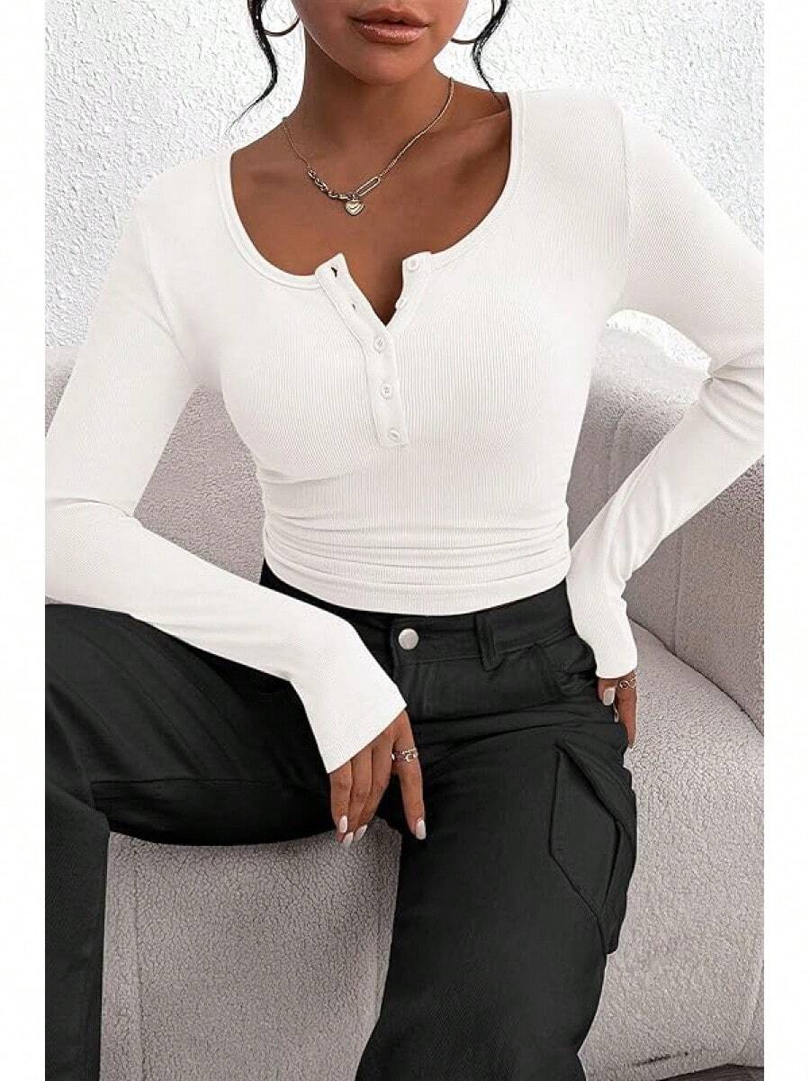 Women's 2025 Fall Long Sleeve Henley Shirts Button Ribbed Knit Casual Basic Tops Blouse - 白色 - 查看 1