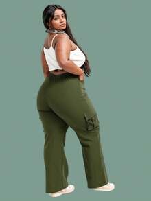 Wide Leg Cargo Plus Size Tailored Pants Women's High Waist, Women's Wide Leg Formal Pants Plus Size Wide Leg Cargo Tailored Premium Plus Size High Waist Formal Plus Size High Waist Casual Fashion Work Evening Large Sizes 46 To 56 - 軍綠色 - 查看 3
