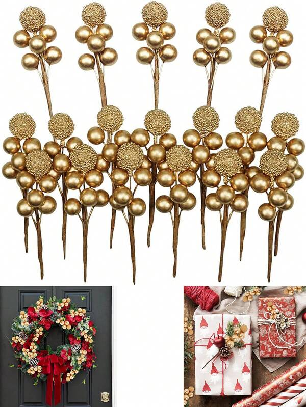 Foam Artificial Glitter Berries Flower Bouquet,Gold Barberry Artificial Berries,Artificial Gold Christmas Glitter Berries Stems,Christmas Tree Decor, New Year Holiday Decoration, Gift Wrapping, DIY Craft Material,Glitter Fake Artificial Gold Berries Picks Christmas Tree Decorations Foam Flower Core Wedding Garland Holiday Party Photography Props,Suitable For Christmas, Wedding, Party Decor, Christmas Tree, Garland DIY Accessories Home Decor Christmas Decorations Room Decor