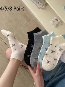 4/5/8Pairs Spring And Summer Bow Socks, Sweet And Cute Style, Breathable And Soft, Casual And Versatile