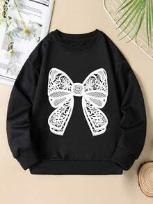 Sweat-shirt-shirt à imprimé nœud papillon pour fille, Sweat-shirt-shirt col rond pour fille, tenues décontractées et confortables pour l'automne et l'hiver, vêtements mignons. Convient pour les tenues de voyage - Noir - Voir 2