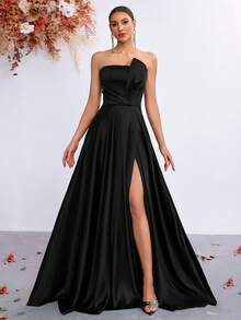 Elisanya Vestido de gala para fiesta con espalda descubierta y cintura fruncida con lazo - Negro - Ver 3