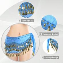 Belly Dance Hip Scarf With 128 Gold Coins, Belly Dancer Belt Scarf Skirt For Women