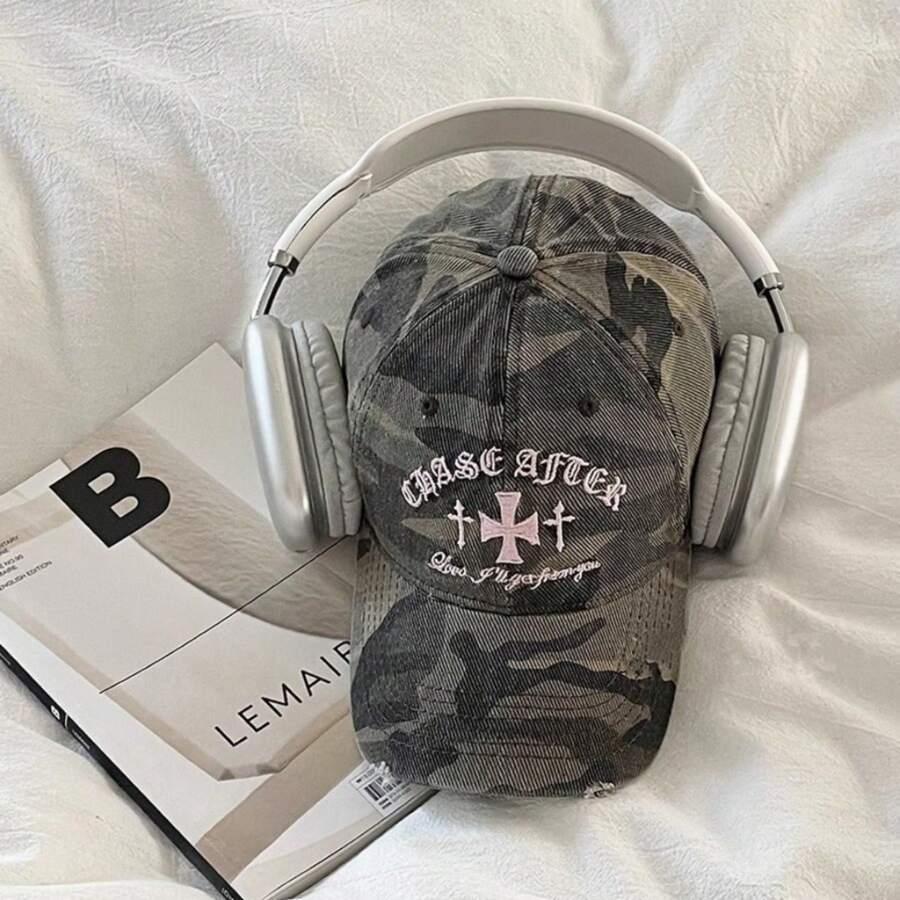 1 件女士迷彩图案字母刺绣装饰简约可爱 Y2K 风格休闲日常百搭防晒棒球帽