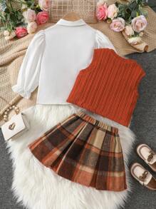 3pcs Girls Outfit (White Long Sleeve Shirt + Vest + Skirt), Bow Decor, Preppy Style, Versatile For Spring, Autumn, Winter, Back To School Season