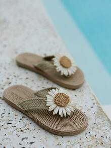 Cirelle Vacation Khaki Slippers For Women, Linen Flower Decor Flip Flops - Khaki - View 4