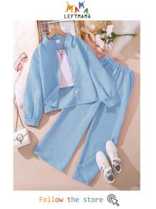 Left Mama 2pcs/Set Tween Girl Autumn New Collared Long Sleeve Shirt Top And Long Pants