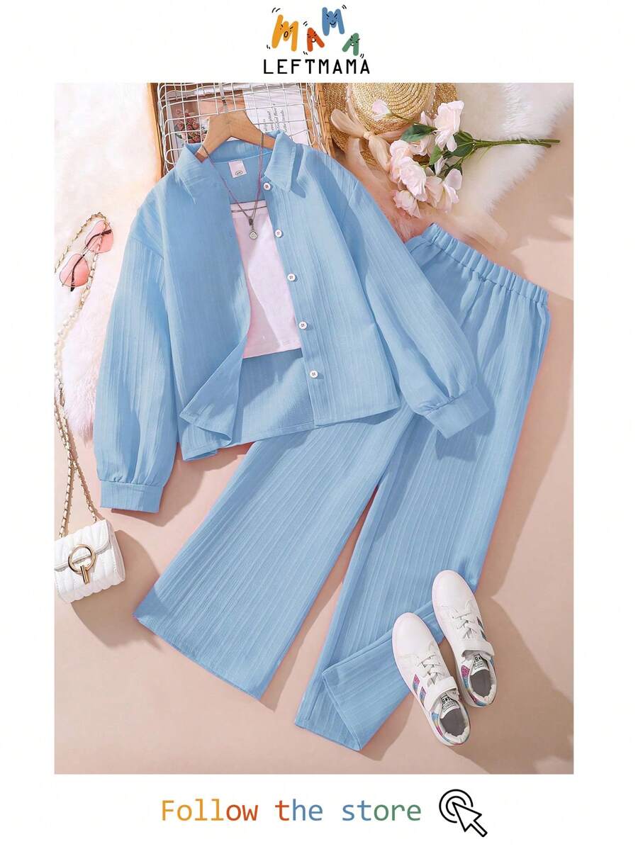 Left Mama 2pcs/Set Tween Girl Autumn New Collared Long Sleeve Shirt Top And Long Pants