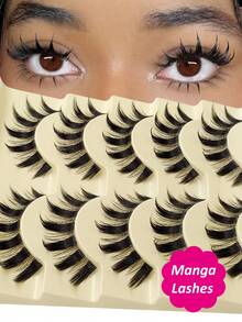 Rikuaild 5 Pairs Cartoon Style Thick False Eyelashes, Natural & Lengthening, Cosplay Makeup False Eyelashes, Cross-Linked Big Eye Effect, Thick Full-Lash False Eyelashes With Transparent Band - 尖尾漫畫款 - 查看 1