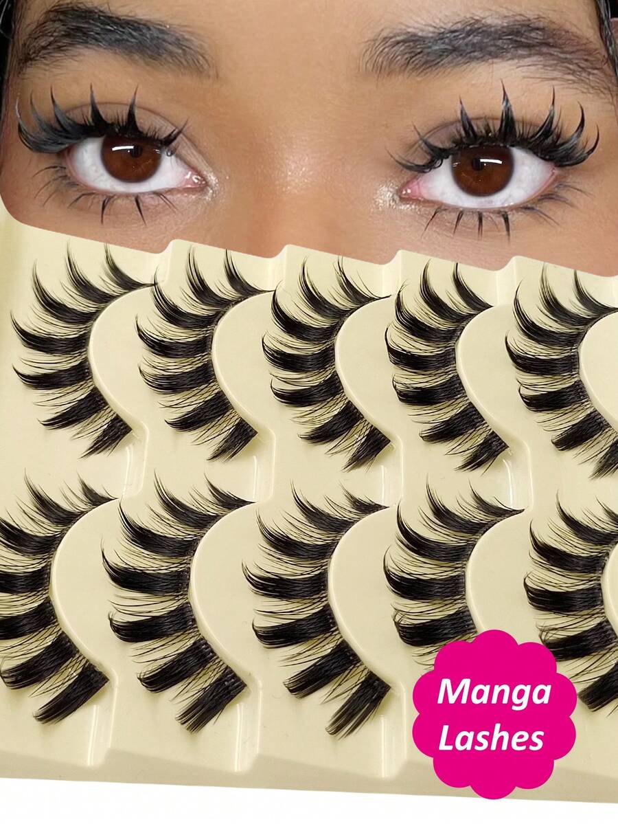 Rikuaild 5 Pairs Cartoon Style Thick False Eyelashes, Natural & Lengthening, Cosplay Makeup False Eyelashes, Cross-Linked Big Eye Effect, Thick Full-Lash False Eyelashes With Transparent Band - 尖尾漫畫款 - 查看 1