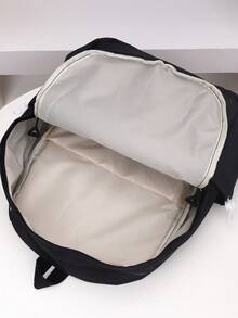 1 szt. Czarny nylonowy materiał, gładki zamek błyskawiczny, nadruk liter, dekoracja, sznurek ściągający, modny, jednolity kolor, duża pojemność, plecak unisex z przegrodą na komputer - Czarne - Zobacz 3