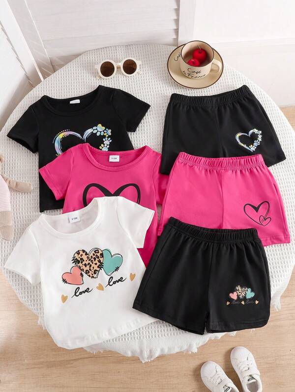 3 PiecesBaby Girl Cute Heart & Letter Print Outfit - Short Sleeve T-Shirt + Matching Heart Print Shorts Set, Versatile For Casual, School, Commuting, Travel, Summer