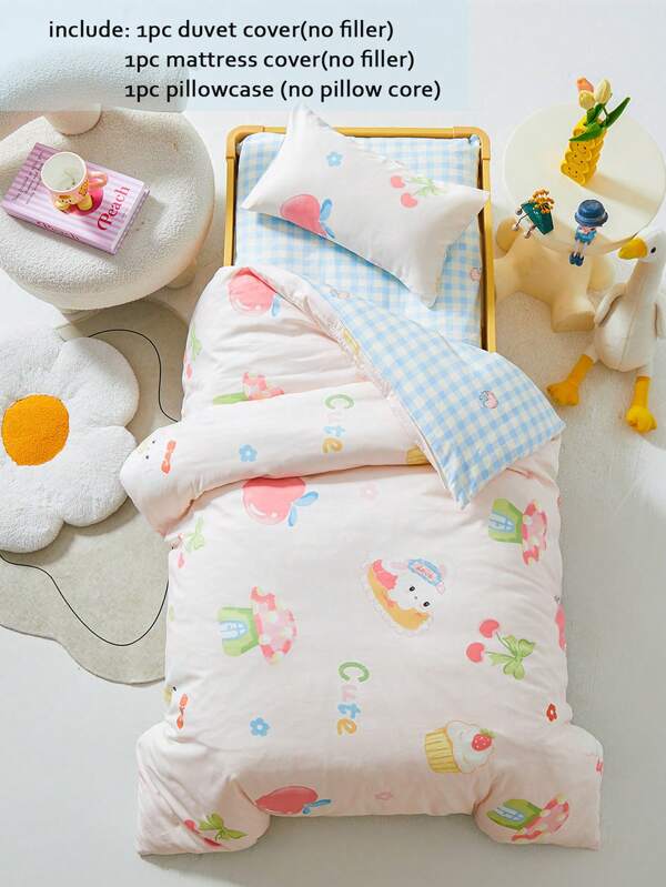 3 pièces Ensemble de literie 100% coton, housse de couette motif animal de dessin animé, pois colorés, nœud papillon, imprimé à carreaux. Pour bébé, chambre de nourrisson, crèche, école des enfants, convient à toutes les saisons, garçons et filles. Comprend 1 housse de couette, 1 housse de matelas, 1 taie d'oreiller (sans rembourrage)