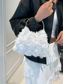 Giảm giá trong thời gian có hạn, Túi xách dạ hội hoa hồng thanh lịch, Túi xách dự tiệc trang trọng cho nữ, Túi đeo vai dịu dàng cho cô gái ngọt ngào, Túi xô màu trơn, Túi cô dâu (Họa tiết ngẫu nhiên) - trắng - Xem 6