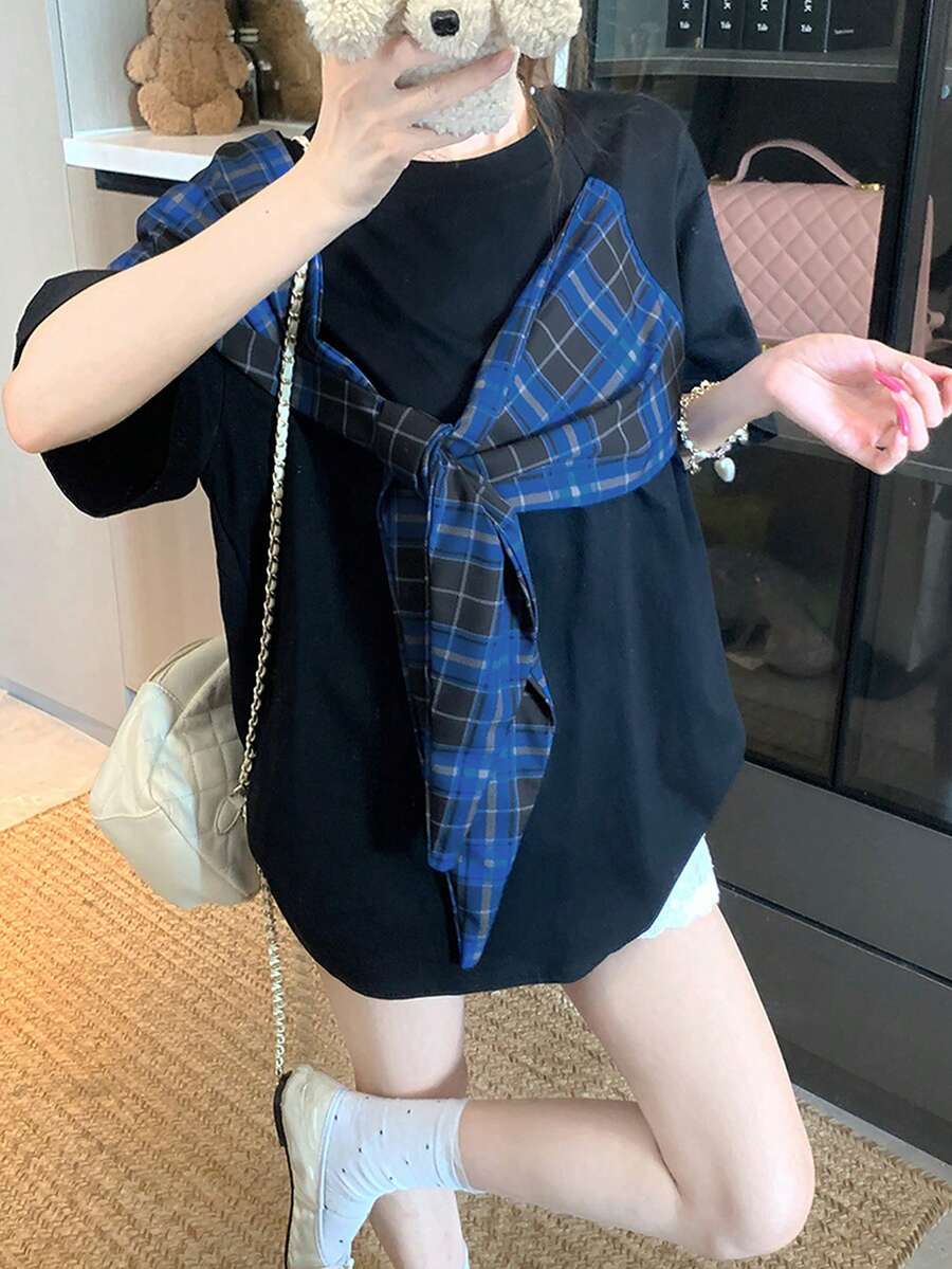 Áo thun tay ngắn cổ bẻ kẻ caro dáng rộng, thích hợp cho mùa hè. - màu đen - Xem 1