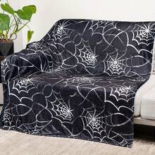 1pc, Halloween Spider Web Throw Blanket, Soft Flannel, Polyester, Digital Print, Vintage Style, Machine Washable, All-Season, For Sofa, TV, Bed - Mixed Colors-280gsm