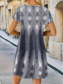 Plus Size Print Dress Women 2025 Summer V Neck Short Sleeve Casual Loose Fit Maxi Dress For Women - 彩色 - 查看 2