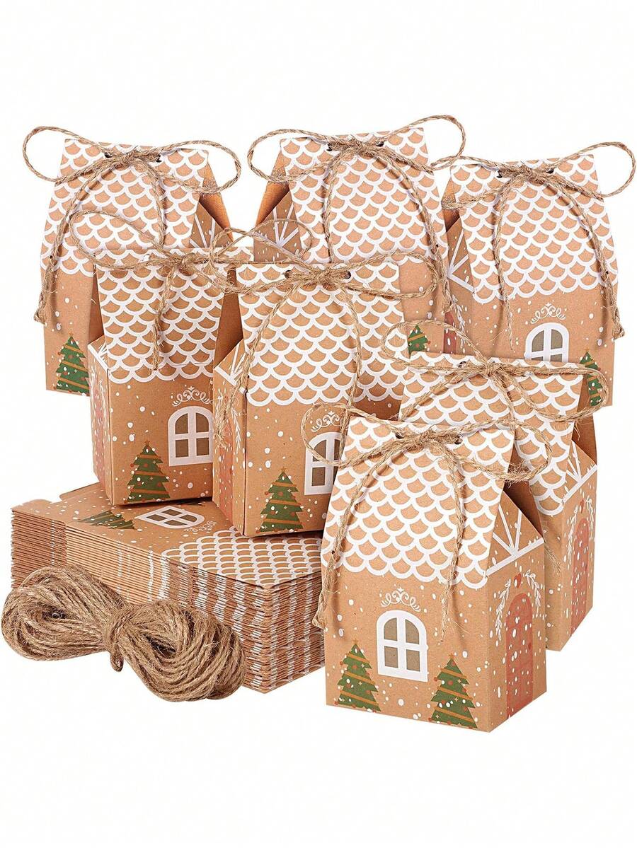 10/20pcs Christmas House Shaped Gift Boxes With String, Gingerbread House Paper Party Favors Boxes, Festive Holiday Gift Containers For Home Decor, Winter New Year Gifts, Christmas Tree Decor