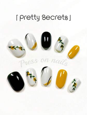 prettysecrets 10 piezas de uñas postizas hechas a mano de corta longitud y forma almendrada, con diseños de uñas blancas, amarillas y con hojas. Suministros de uñas falsas, uñas de verano sencillas, adecuadas para niñas/mujeres