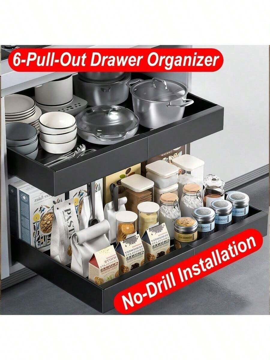 Pull-Out Cabinet Storage Rack, Expandable Sliding Utensil Storage Rack, Adjustable Metal Storage Cabinet Drawer Rack, No Drilling Required, Smooth And Quiet Sliding, Suitable For Kitchen And Bathroom Storage - Multicolor - View 1