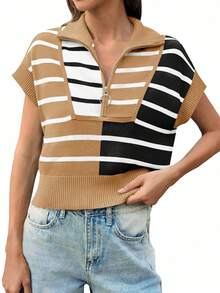 Womens Sweaters Summer Short Sleeve Shirts 2025 Zip Up Color Block Knit Striped Cropped Tops