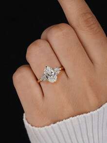 1 chiếc nhẫn bạc S925 đính kim cương hình bầu dục 4 chấu, kiểu dáng thanh lịch châu Âu dành cho nữ, tinh tế và độc đáo, phù hợp cho các buổi dạ hội, họp mặt và tiệc tùng, món quà trang sức cao cấp dành cho phụ nữ. - Vàng - Xem 4