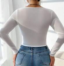 Women's Cropped Corselet Long Sleeve Tulle – Black, White And Brown | Sexy And Elegant Simple Cup Detail Bow Contrast Asymmetrical Night - 白色 - 查看 3