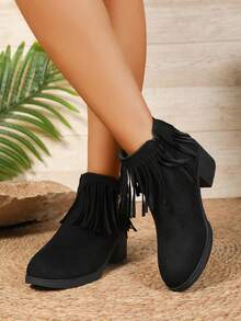 Bottes courtes à franges mode femme, décoration à franges personnalisée, design de talon épais confortable, bottes courtes avec fermeture éclair latérale, convient pour le port quotidien et décontracté en automne/hiver, bottes noires pour femmes, matériau  de qualité, bottes courtes polyvalentes