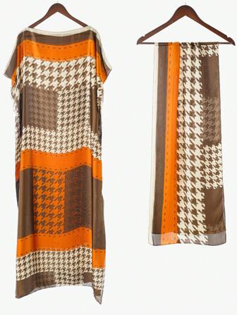 2 pièces Ensemble de poncho, foulard long et foulard de tête en faux soie avec imprimé élégant à carreaux et blocs de couleurs pour femmes. Idéal pour l'été, les activités en plein air, la plage, les vacances. Offre une protection solaire et peut être porté comme cache-maillot.