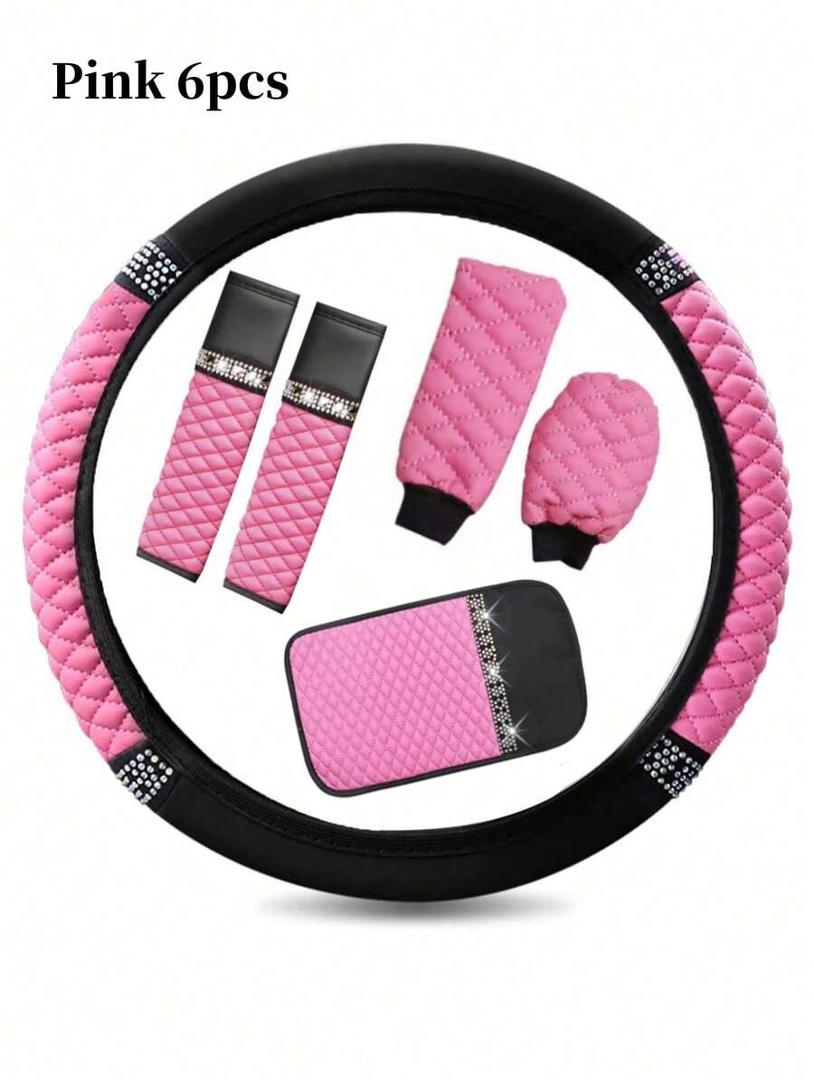 5 件套闪亮汽车方向盘套、手刹套、换档旋钮套、肩垫、15 英寸水钻软皮弹性方向盘保护套、适合女性女孩的闪亮水晶钻石、适合大多数汽车的汽车内饰配件、1 件皮革钻石镶嵌汽车方向盘套 - 款式A - 查看 1