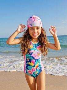 1 PC Pink Comfortable Cartoon Printing Pattern Elastic Teenagers Swimming Cap Comfortable Non-Tightening Cloth Cap Long Hair Ear Protection Hat Swimming Pool Swimming Cap