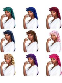 1pc New Long Taffeta Sleeping Cap, Women's Fashion Hair Care Hat, Bowknot Headband Beanie