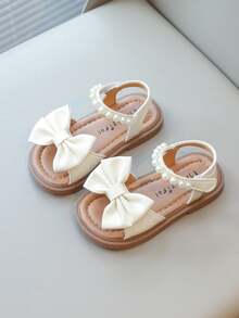 2025 New Pearl Non-Slip Soft Bottom Open Toe Girls Flat Princess Shoes With Hook And Loop, Beige