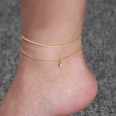 Nooxian 2 件套闪亮、飘逸的白色心形锆石和链条脚链套装，适合女士