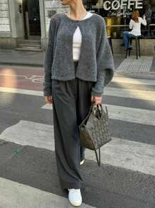 森雅女装秋冬新款单扣圆领长袖针织开衫，灰色宽松休闲日常毛衣上衣，休闲斗篷针织外套 - 深灰色 - 查看 5