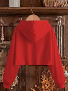 女裝秋季新款100%純棉水洗柔軟透氣截短抽繩連帽衫，基本款個性街頭美式復古休閒學院風圓領長袖舒適百搭捲邊毛圈設計套頭衫，宜人的音樂圖案印花 - 大紅 - 查看 2