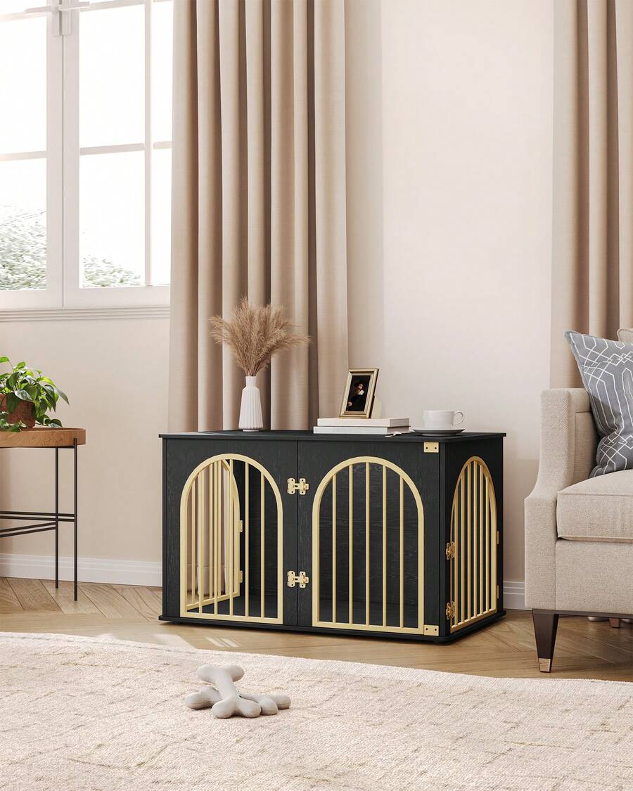 HaluPeit Dog Cage Furniture, 100cm Dog Crate For Home, 3 Doors, Arched Door, Modern Indoor Dog Crate For Dogs, Side Table, Heavy-Duty Dog Cage, 60 X 100 X 63 Cm, Black Gold - màu đen - Xem 1