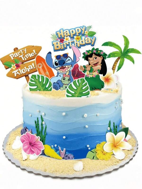 Disney Disney, 1 Set With 12 Pieces, Cake Decoration Paper Cards Of Stitch. With A Hawaiian Theme, The Classic Character Images Such As Stitch And Lilo Are Vivid. There Are Also Decorations Like Palm Trees, Surfboards And Those With Hawaiian Style