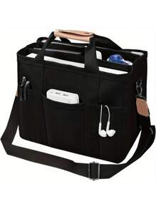 Large Capacity Multi Pocket Shoulder Bag With Compartment, Versatile Handbag With Durable Handles, Black